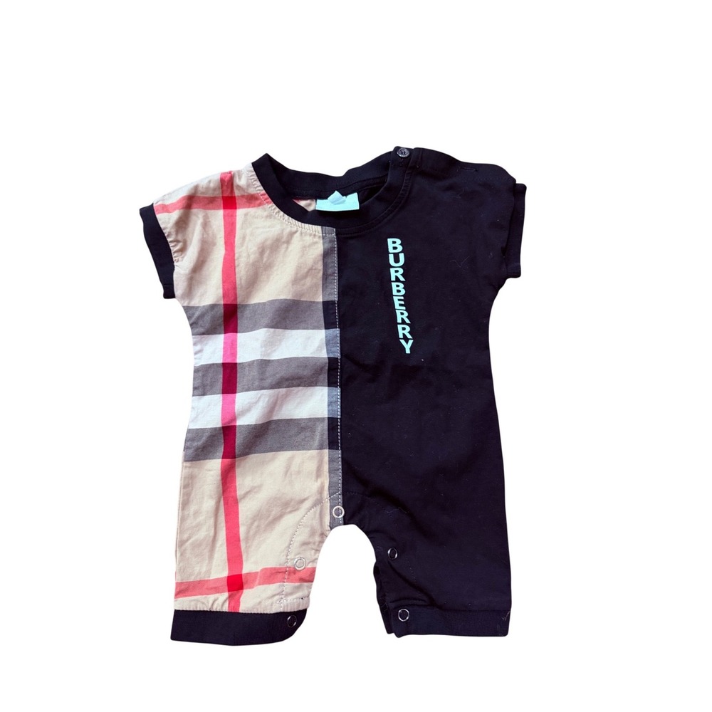 Burberry Kids Black Nova Check Logo Romper Bodysuit 3M Short Sleeve Baby